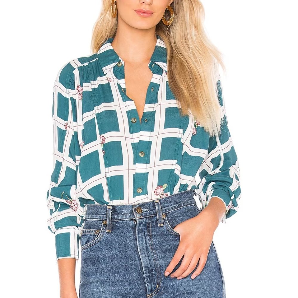 FREE PEOPLE 'Window to my Heart' Windowpane Plaid/Floral Button Down - L